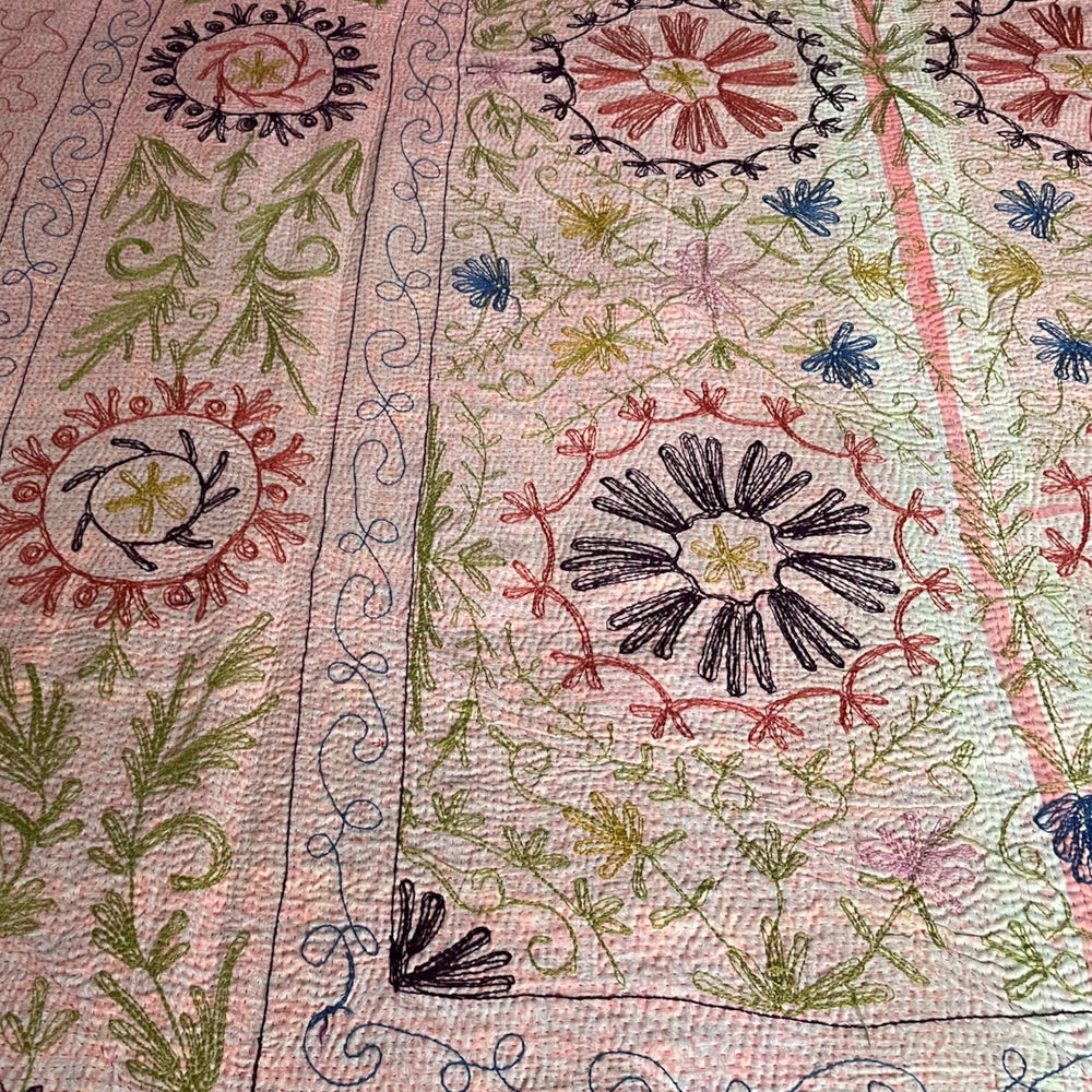 
                  
                    pink blue suzani embroidered kantha quilt large sofa throw washable cotton comforter bedspread
                  
                