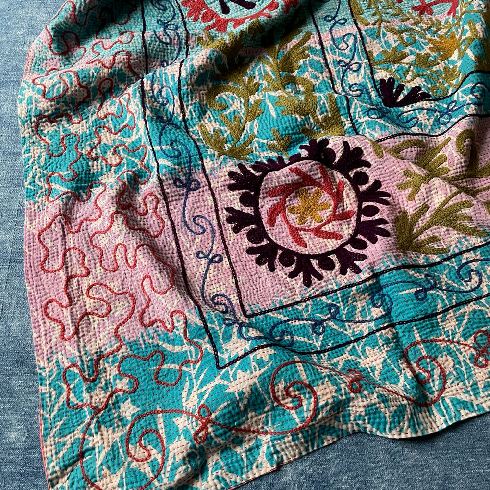 pink blue suzani embroidered kantha quilt large sofa throw washable cotton comforter bedspread