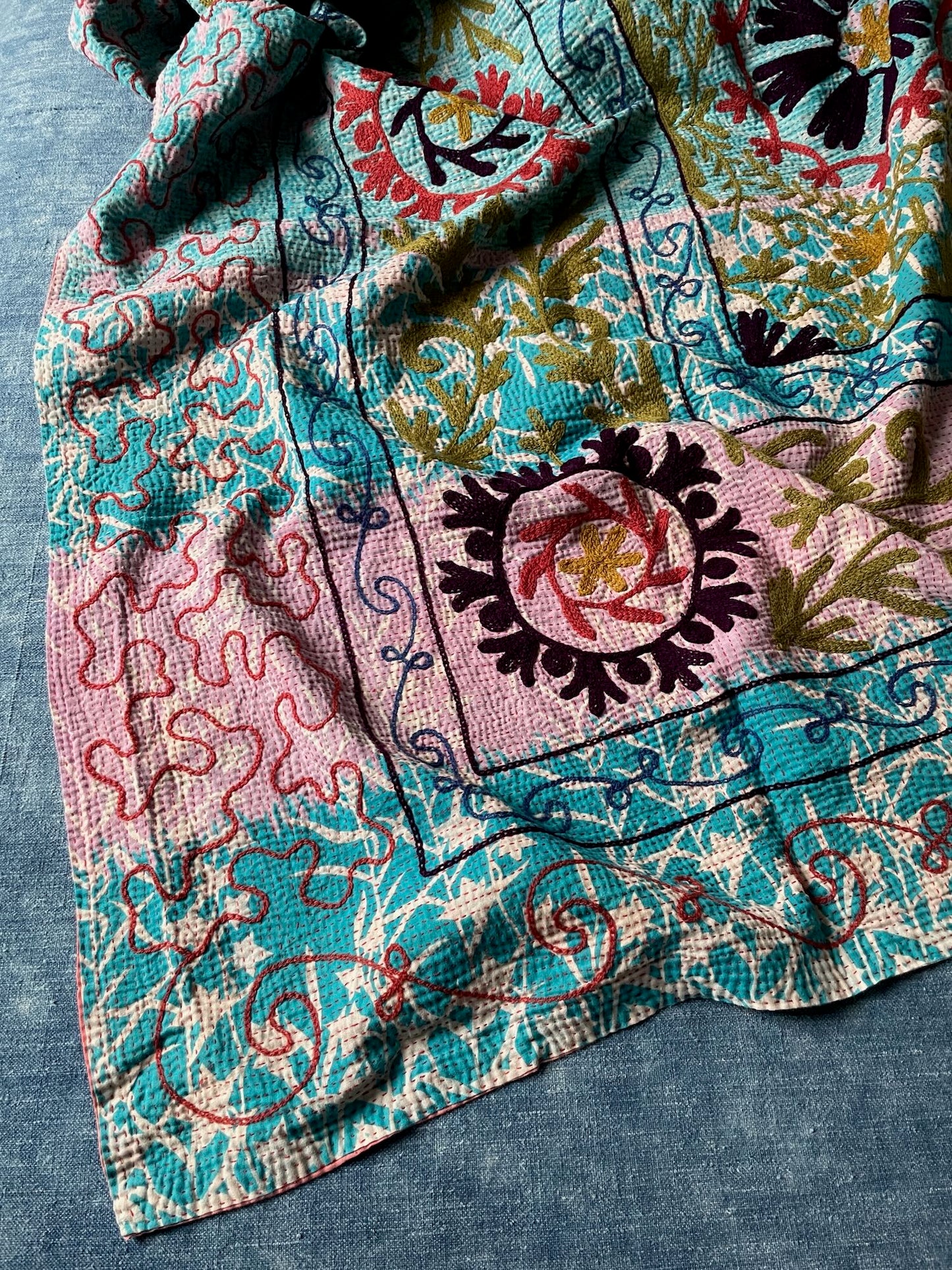 pink blue suzani embroidered kantha quilt large sofa throw washable cotton comforter bedspread