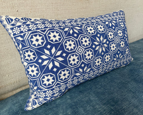 vintage blue cross stitch sofa cushion couch pillow folk art textile hand stitched feather pad 