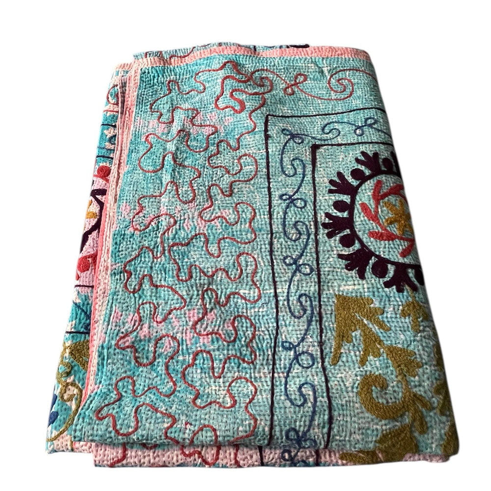 
                  
                    pink blue suzani embroidered kantha quilt large sofa throw washable cotton comforter bedspread
                  
                
