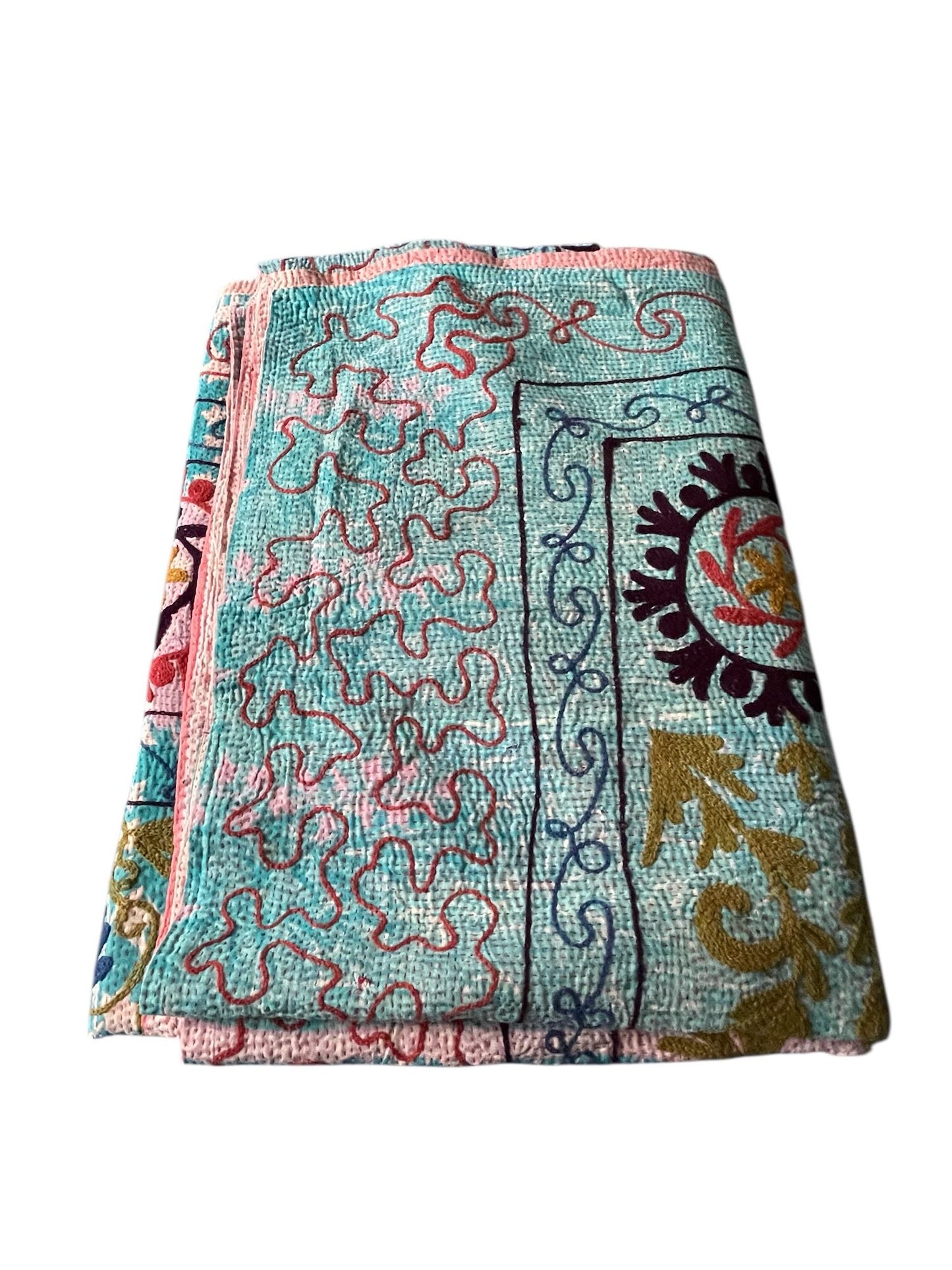 
                  
                    pink blue suzani embroidered kantha quilt large sofa throw washable cotton comforter bedspread
                  
                