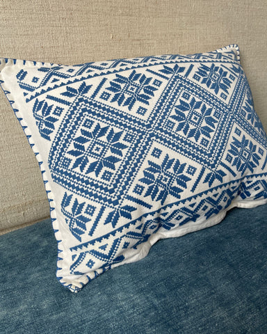 vintage blue cushion hungarian pillow folk art textile for couch bed sofa handmade unique