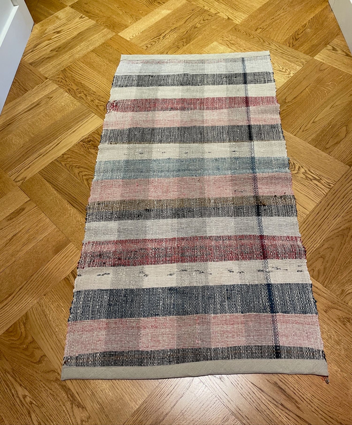 small cotton rug striped checked floor runner vintage trasmatta pink blue grey carpet hall washable