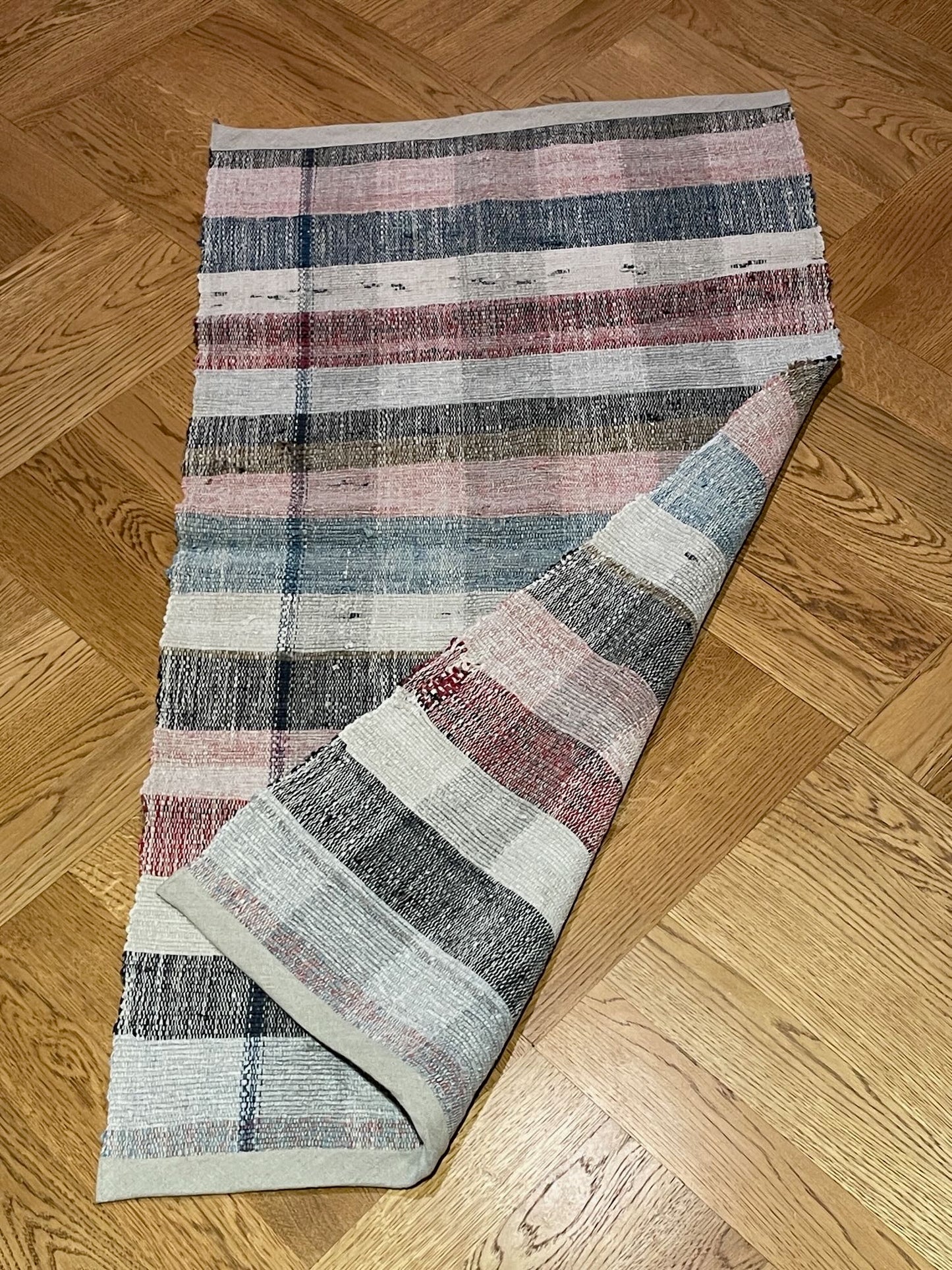 small cotton rug striped checked floor runner vintage trasmatta pink blue grey carpet hall washable