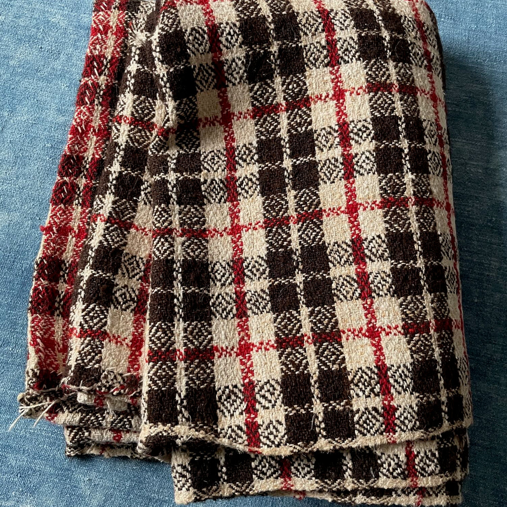 plaid check blanket throw brown cream red wool upholstery fabric large east europe rustic