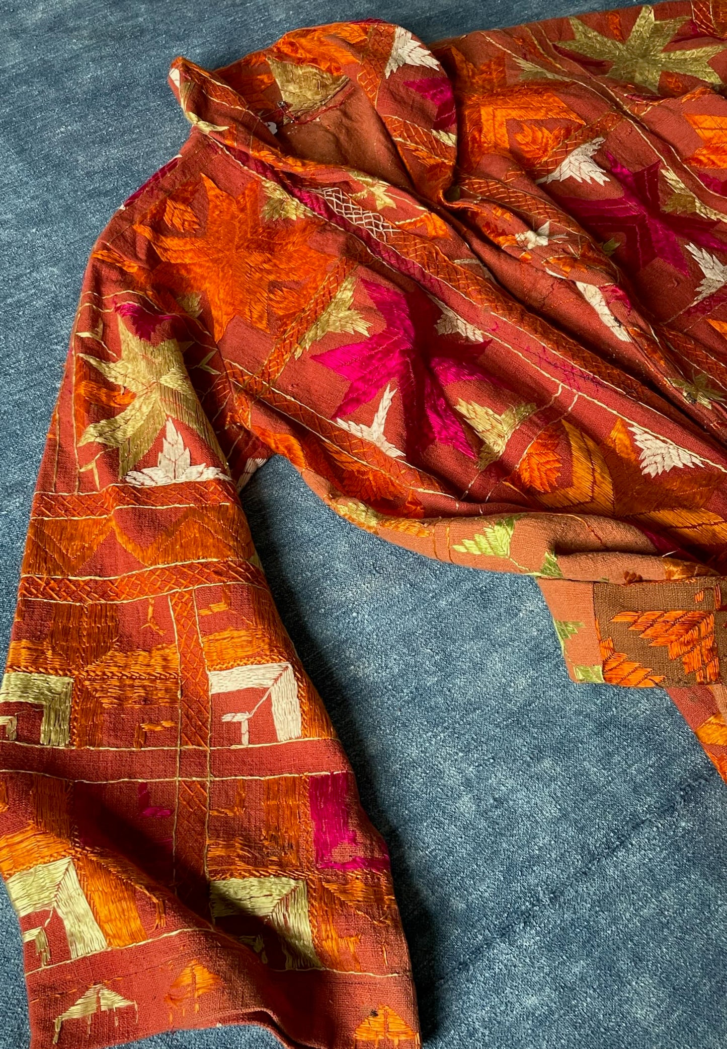 vintage phulkari robe dressing gown coat embroidered long orange pink yellow cosplay costume