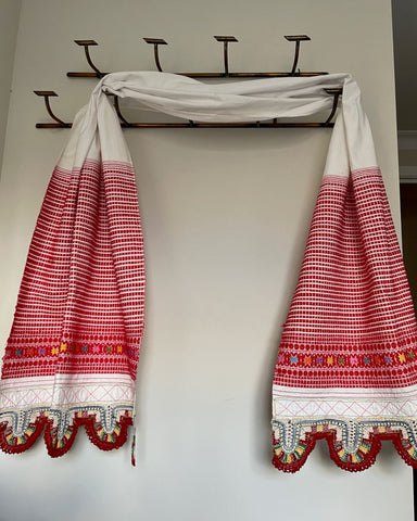 red white embroidered wall hanging curtain drape table runner east european folk textile decorative