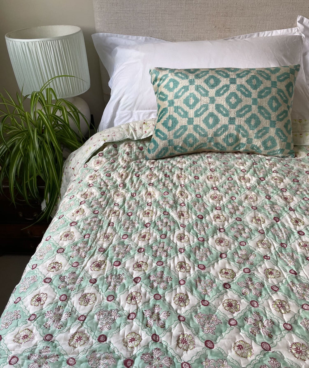 sea green quilt apple floral patterned blockprint bedspread pique large double king handmade