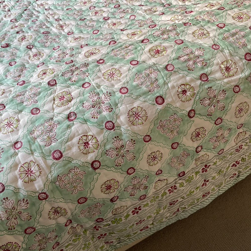sea green quilt apple floral patterned blockprint bedspread pique large double king handmade