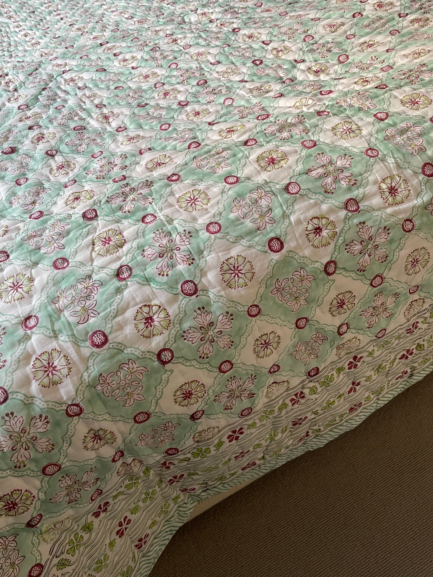 sea green quilt apple floral patterned blockprint bedspread pique large double king handmade