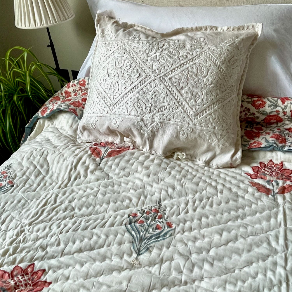 blue coral orange grey block print quilt pique bedspread reversible cotton hand made large