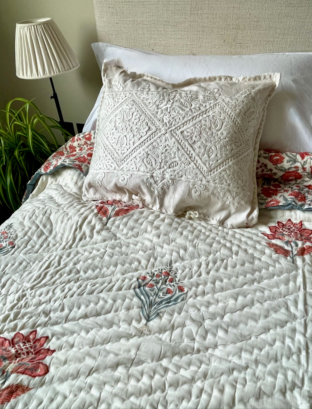 blue coral orange grey block print quilt pique bedspread reversible cotton hand made large