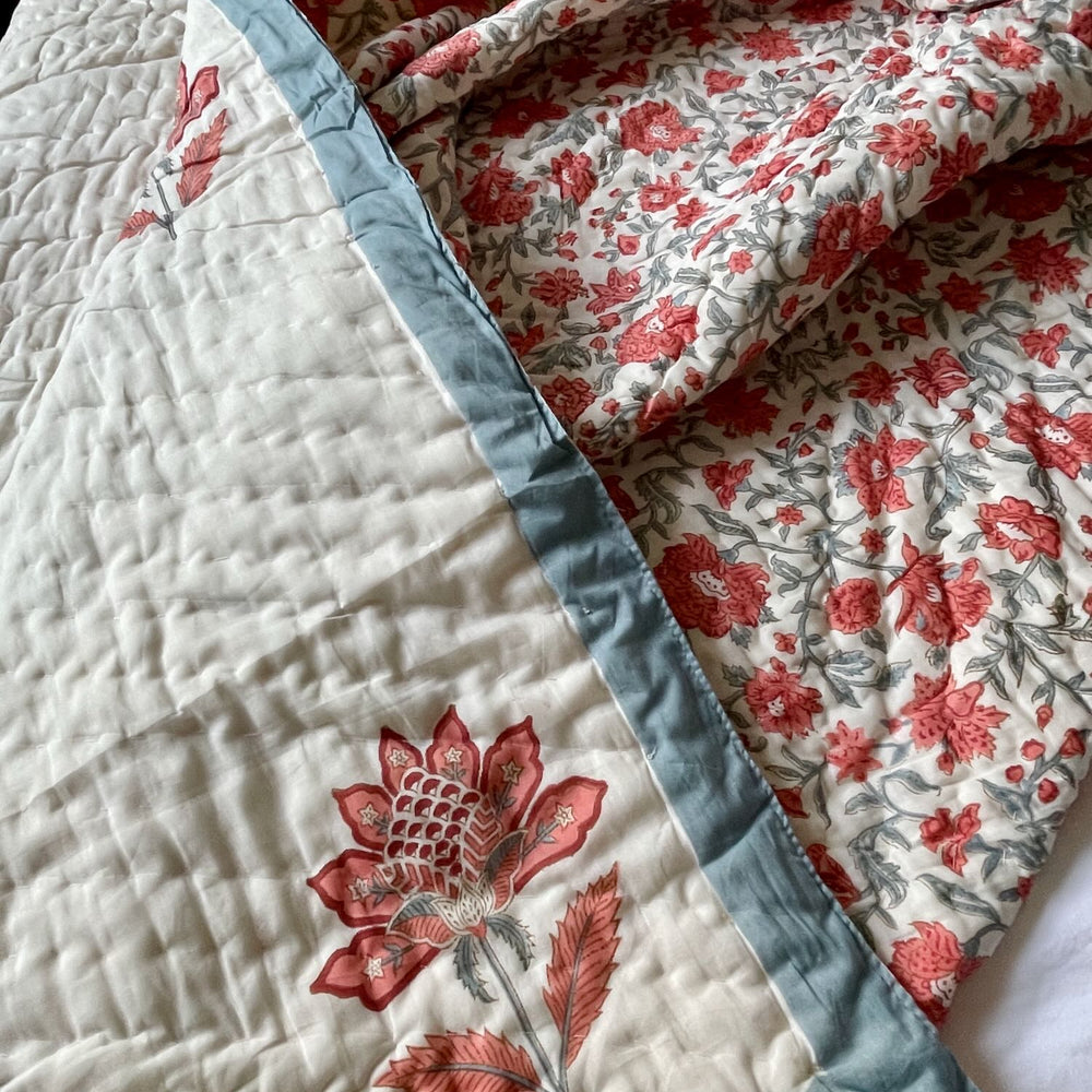 blue coral orange grey block print quilt pique bedspread reversible cotton hand made large