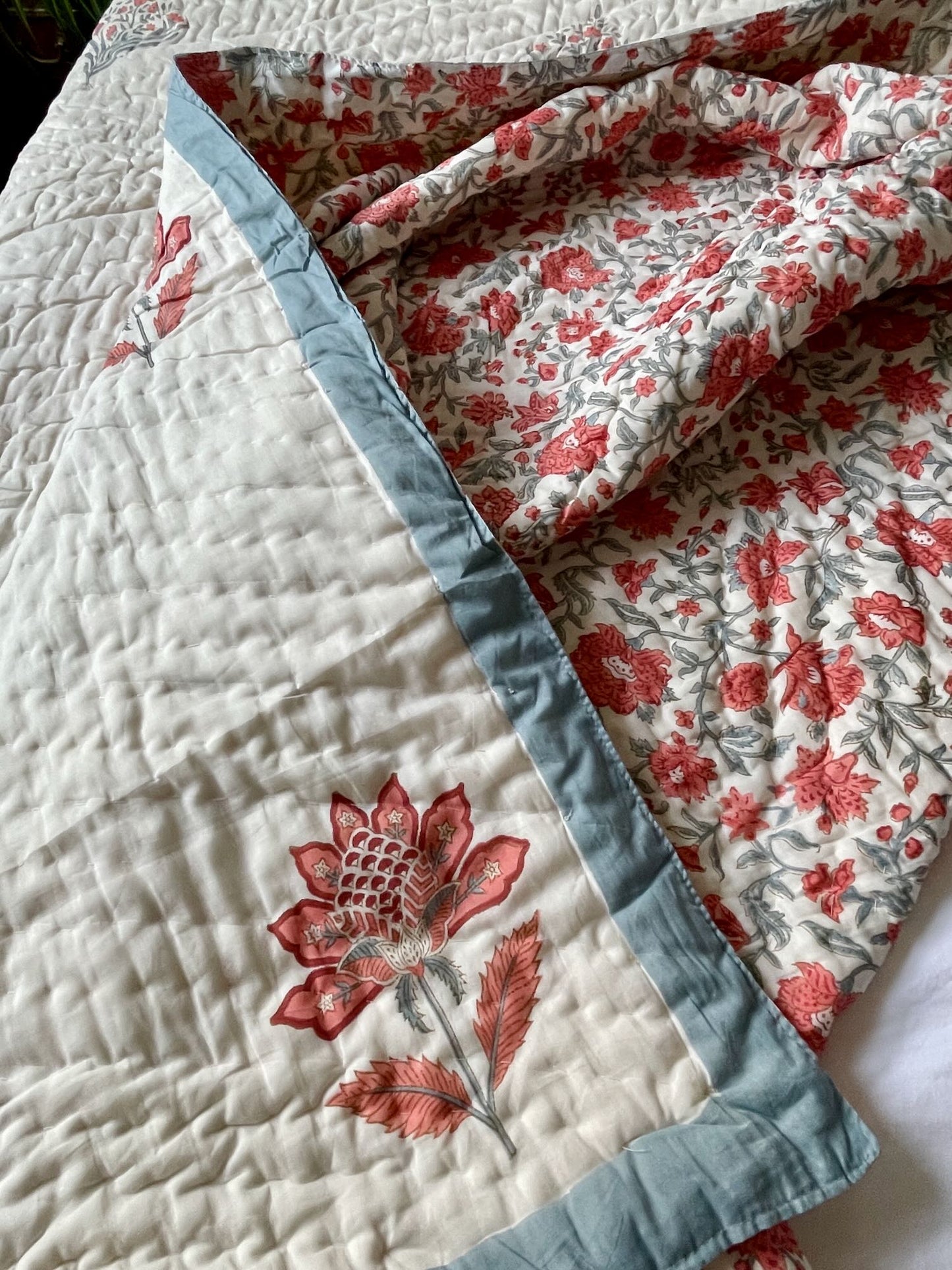 blue coral orange grey block print quilt pique bedspread reversible cotton hand made large