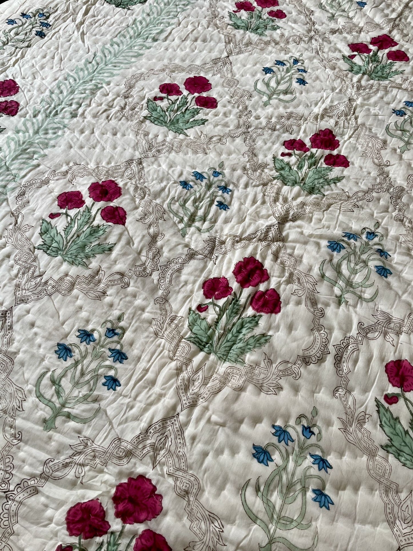 
                  
                    blockprint quilt green red blue floral large cotton pique king double handmade bedspread washable
                  
                