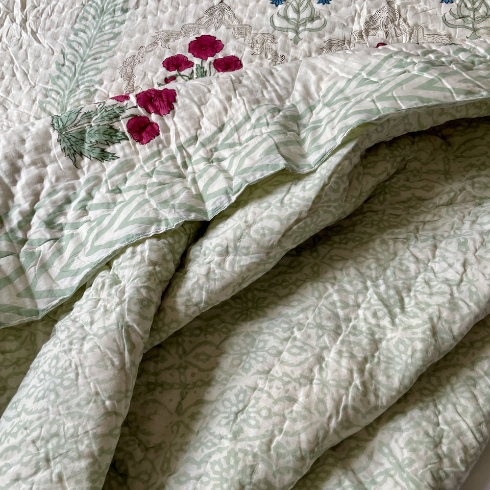 
                  
                    blockprint quilt green red blue floral large cotton pique king double handmade bedspread washable
                  
                