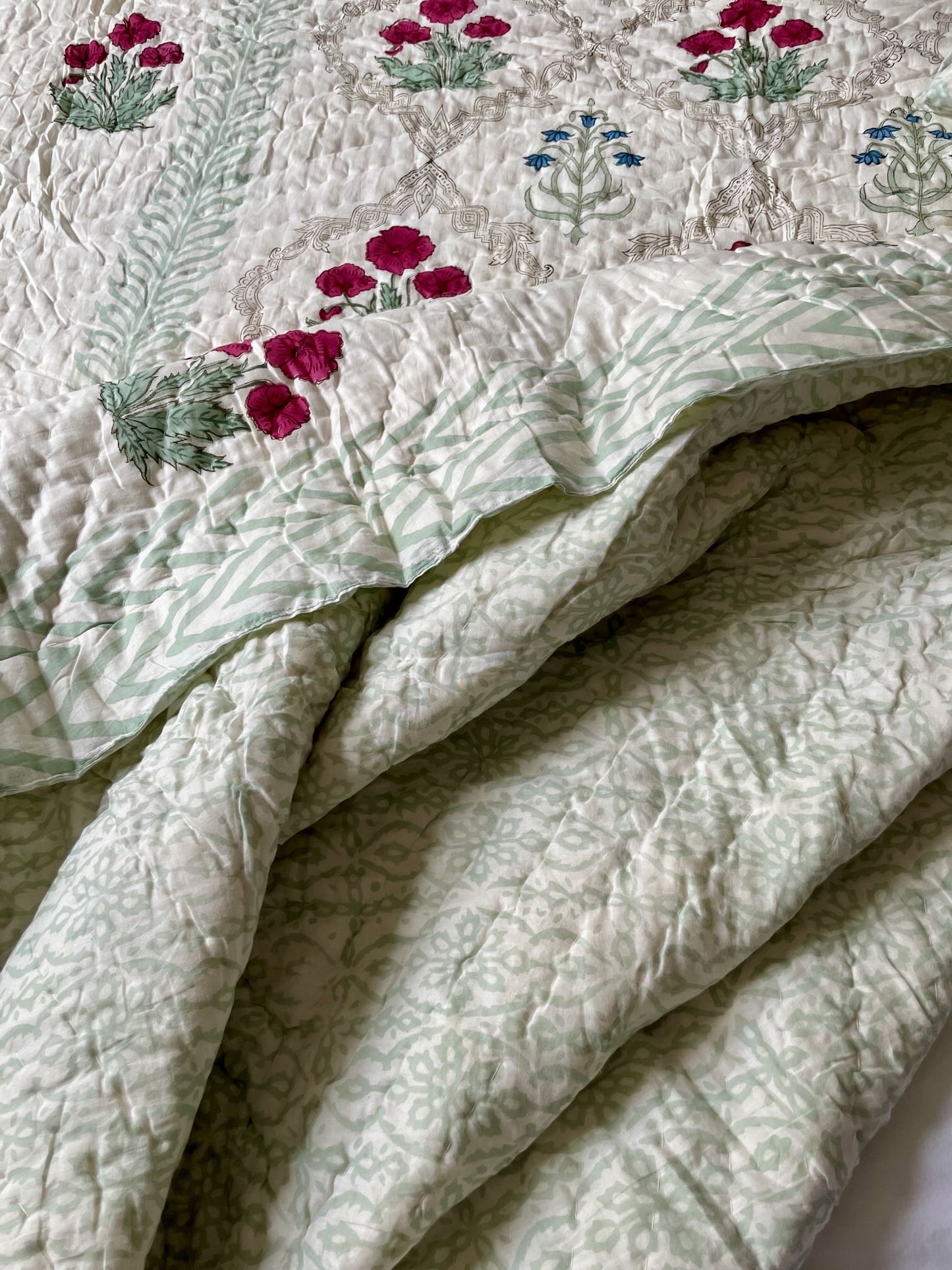 
                  
                    blockprint quilt green red blue floral large cotton pique king double handmade bedspread washable
                  
                