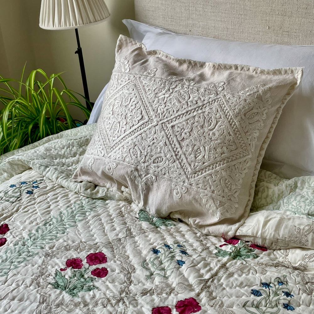 blockprint quilt green red blue floral large cotton pique king double handmade bedspread washable