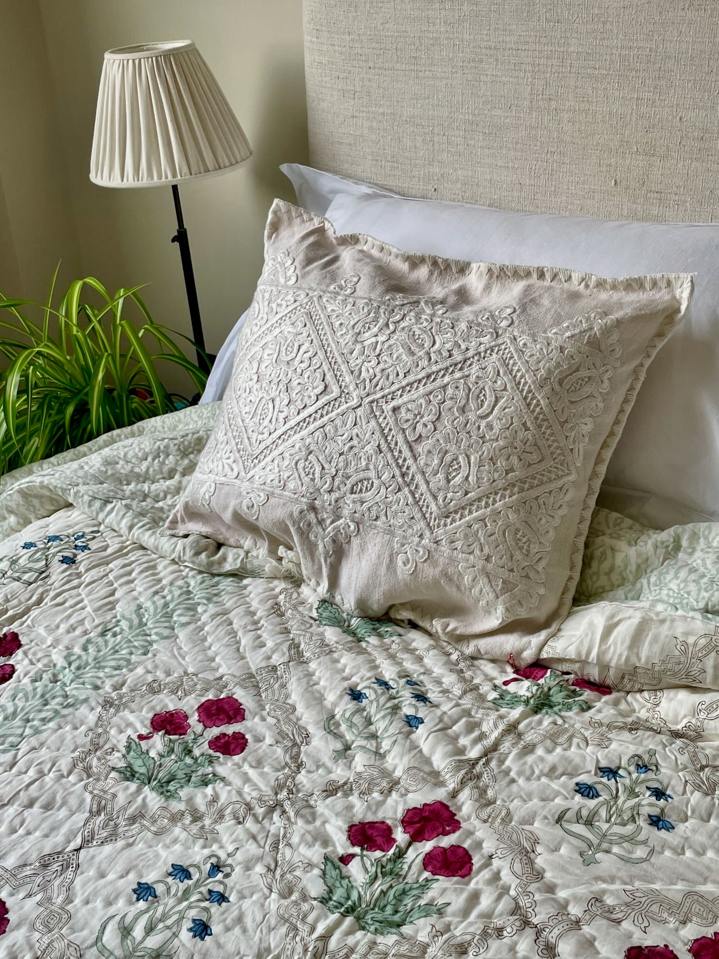 blockprint quilt green red blue floral large cotton pique king double handmade bedspread washable