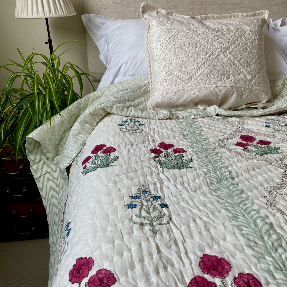 blockprint quilt green red blue floral large cotton pique king double handmade bedspread washable