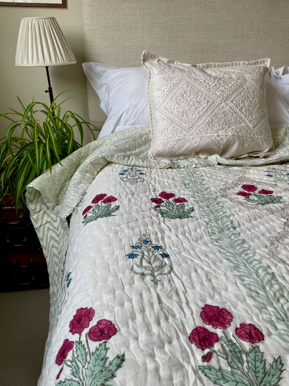 blockprint quilt green red blue floral large cotton pique king double handmade bedspread washable