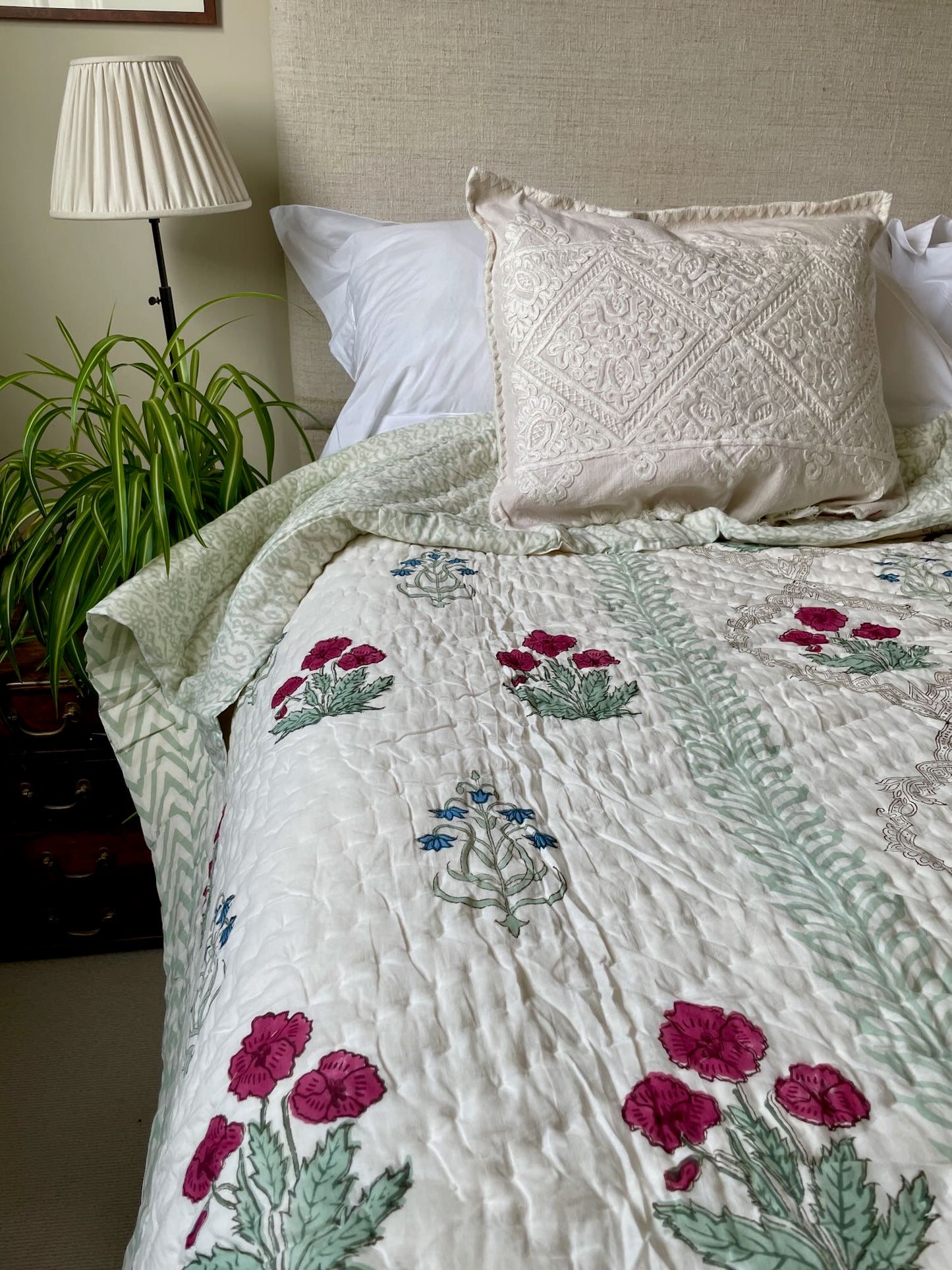 blockprint quilt green red blue floral large cotton pique king double handmade bedspread washable