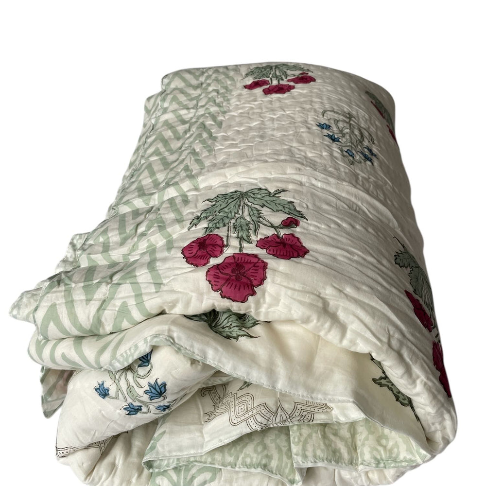 
                  
                    blockprint quilt green red blue floral large cotton pique king double handmade bedspread washable
                  
                
