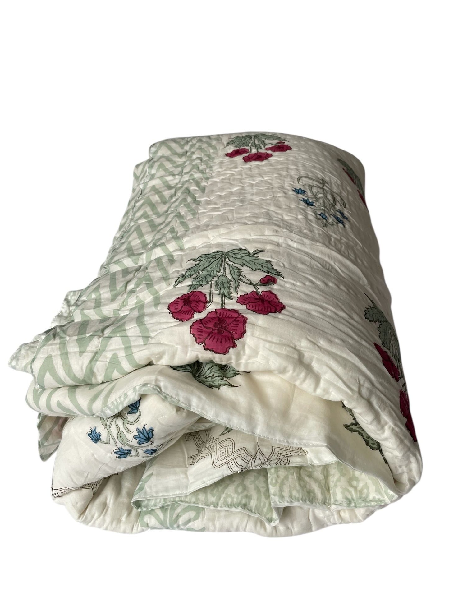 
                  
                    blockprint quilt green red blue floral large cotton pique king double handmade bedspread washable
                  
                