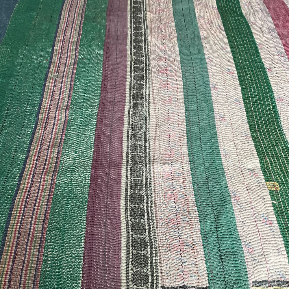 green pink white blue patchwork quilt kantha bedspread sofa throw double cotton washable handmade