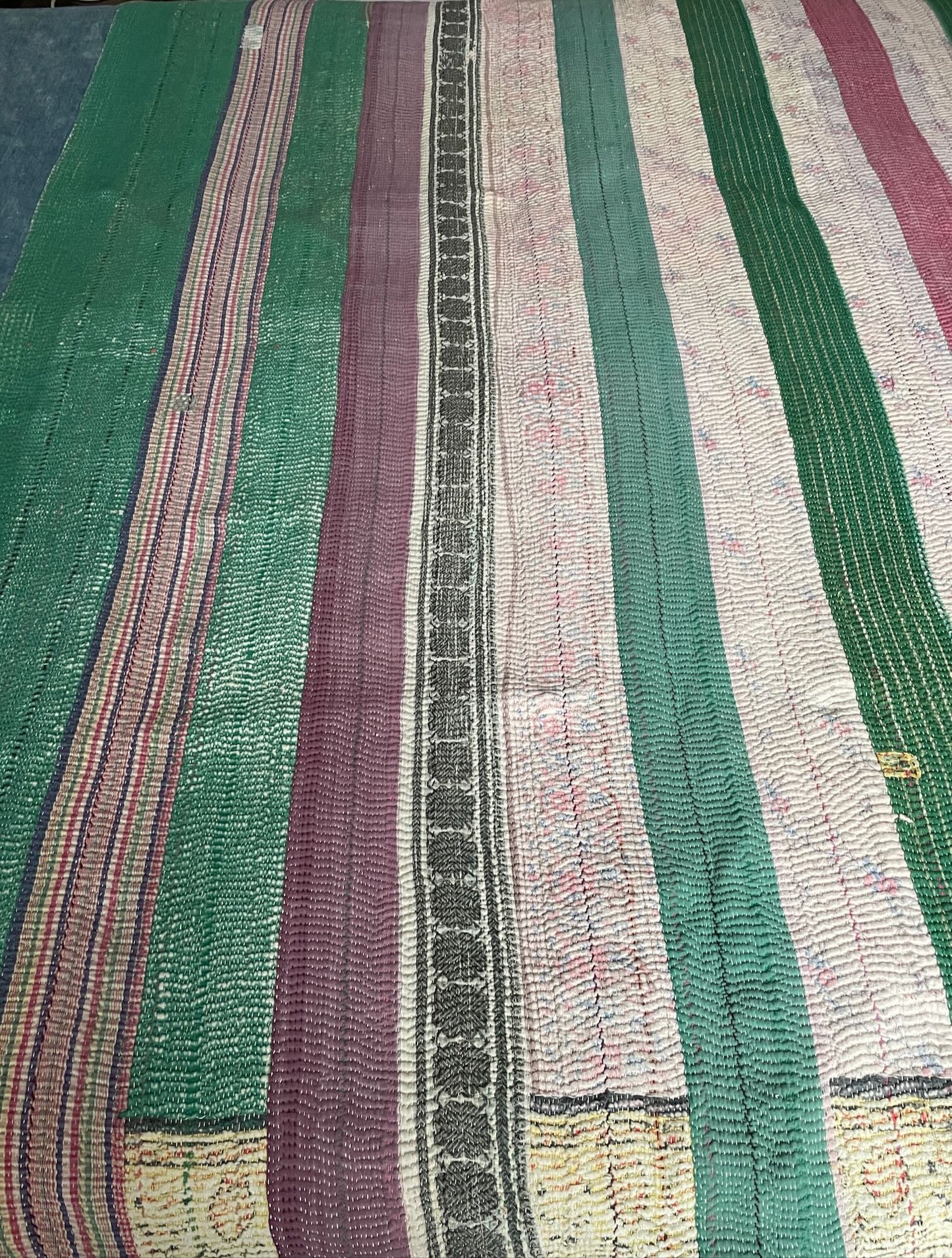 green pink white blue patchwork quilt kantha bedspread sofa throw double cotton washable handmade