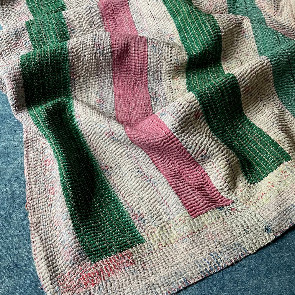 green pink white blue patchwork quilt kantha bedspread sofa throw double cotton washable handmade