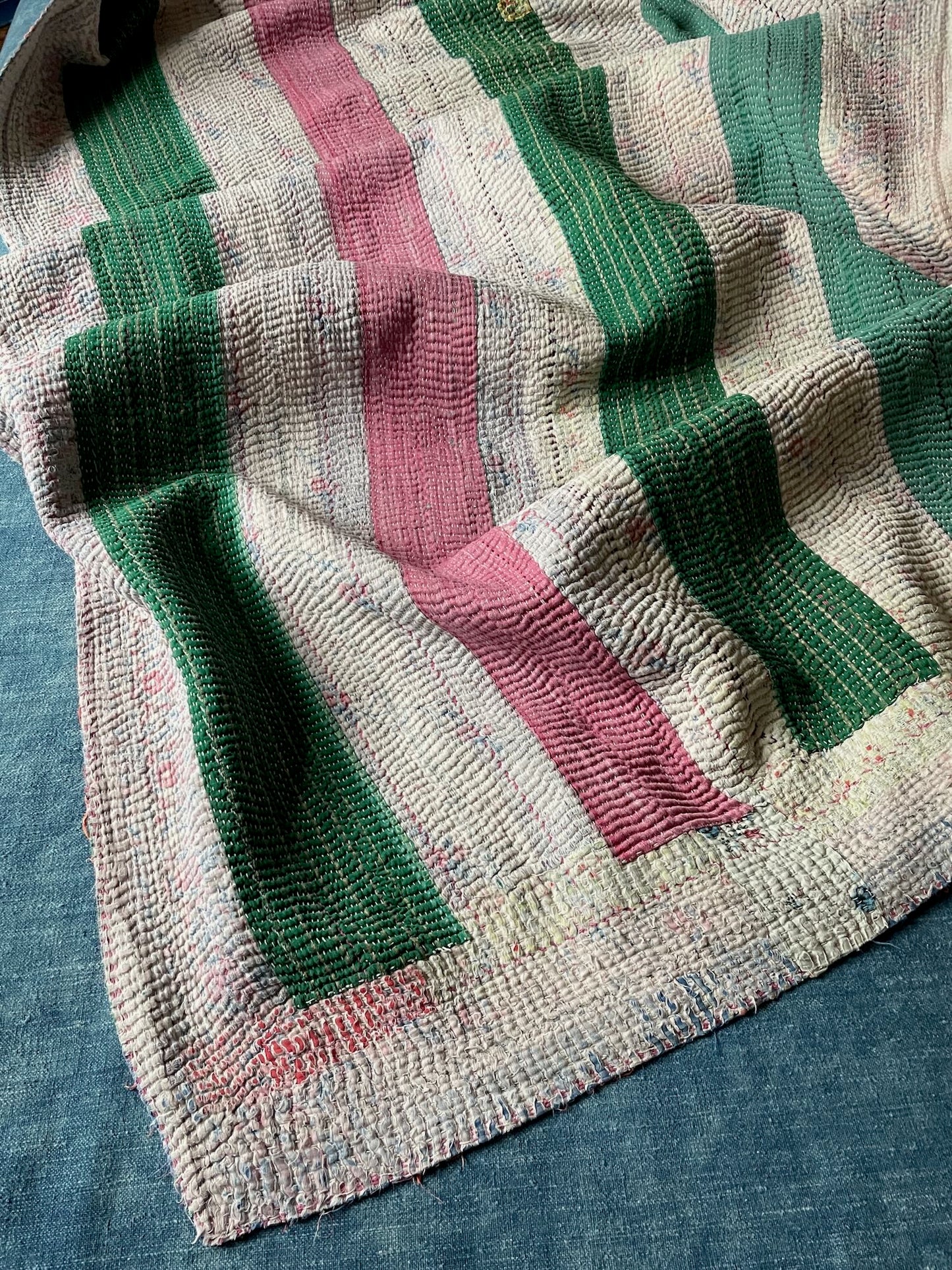 green pink white blue patchwork quilt kantha bedspread sofa throw double cotton washable handmade