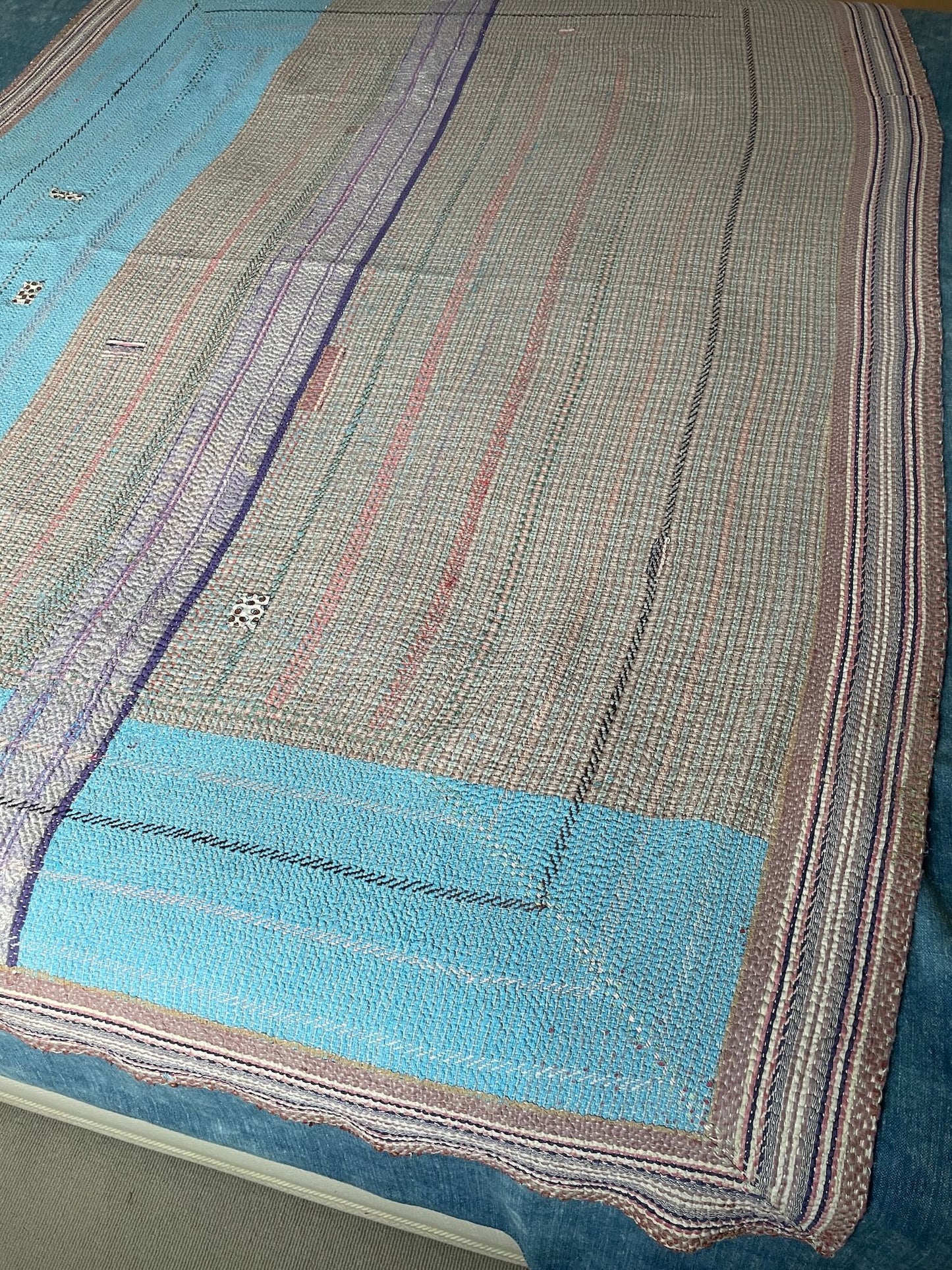 turquoise blue striped patched quilt kantha bedspread single double cotton comforter washable