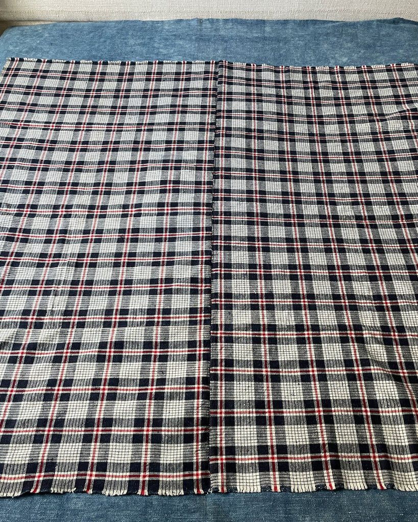 antique alsace french kelsch check fabric red blue white plaid upholstery cushions blinds rustic