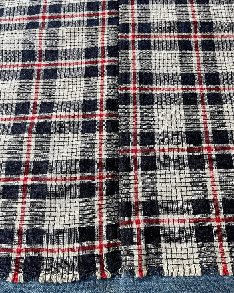 antique alsace french kelsch check fabric red blue white plaid upholstery cushions blinds rustic