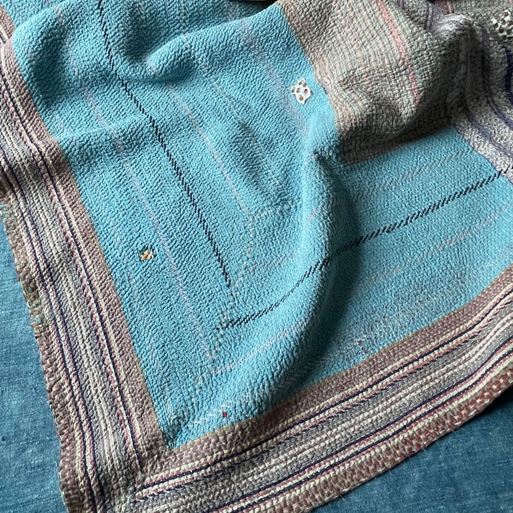 turquoise blue striped patched quilt kantha bedspread single double cotton comforter washable