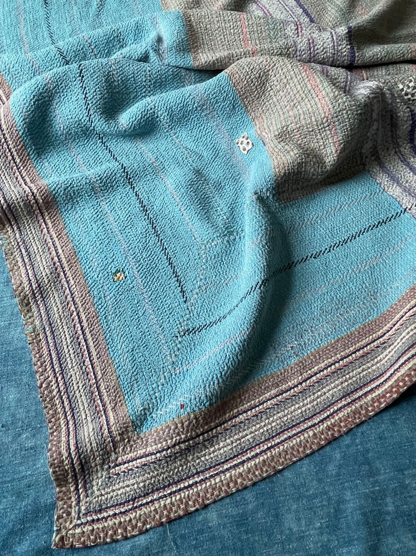 turquoise blue striped patched quilt kantha bedspread single double cotton comforter washable