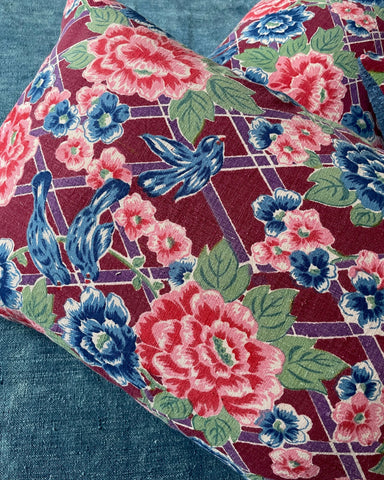vintage blue bird and pink roses cushions large pillows for couch bed colourful handmade UK