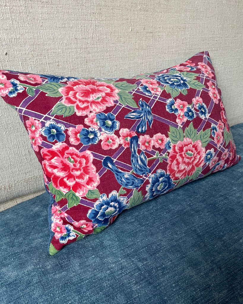 vintage blue bird and pink roses cushions large pillows for couch bed colourful handmade UK