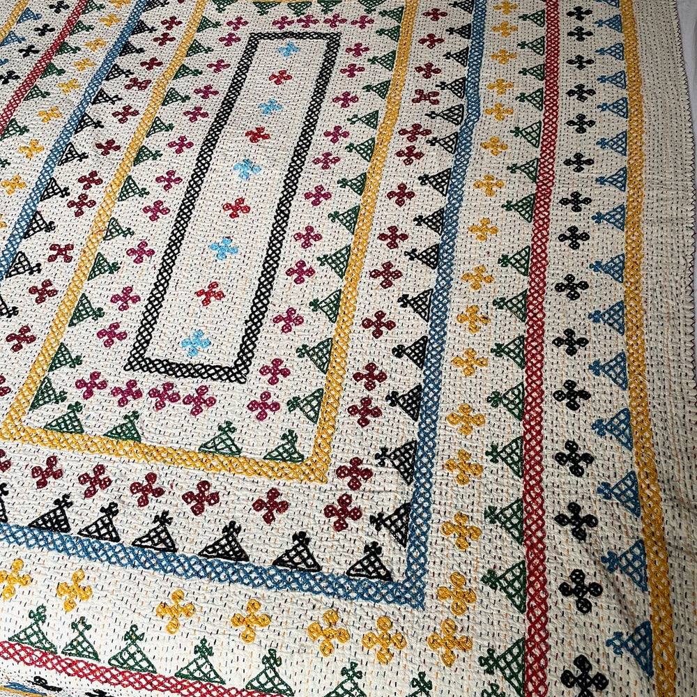 ralli kantha quilt bedspread geometric embroidered comforter red yellow blue washable single throw