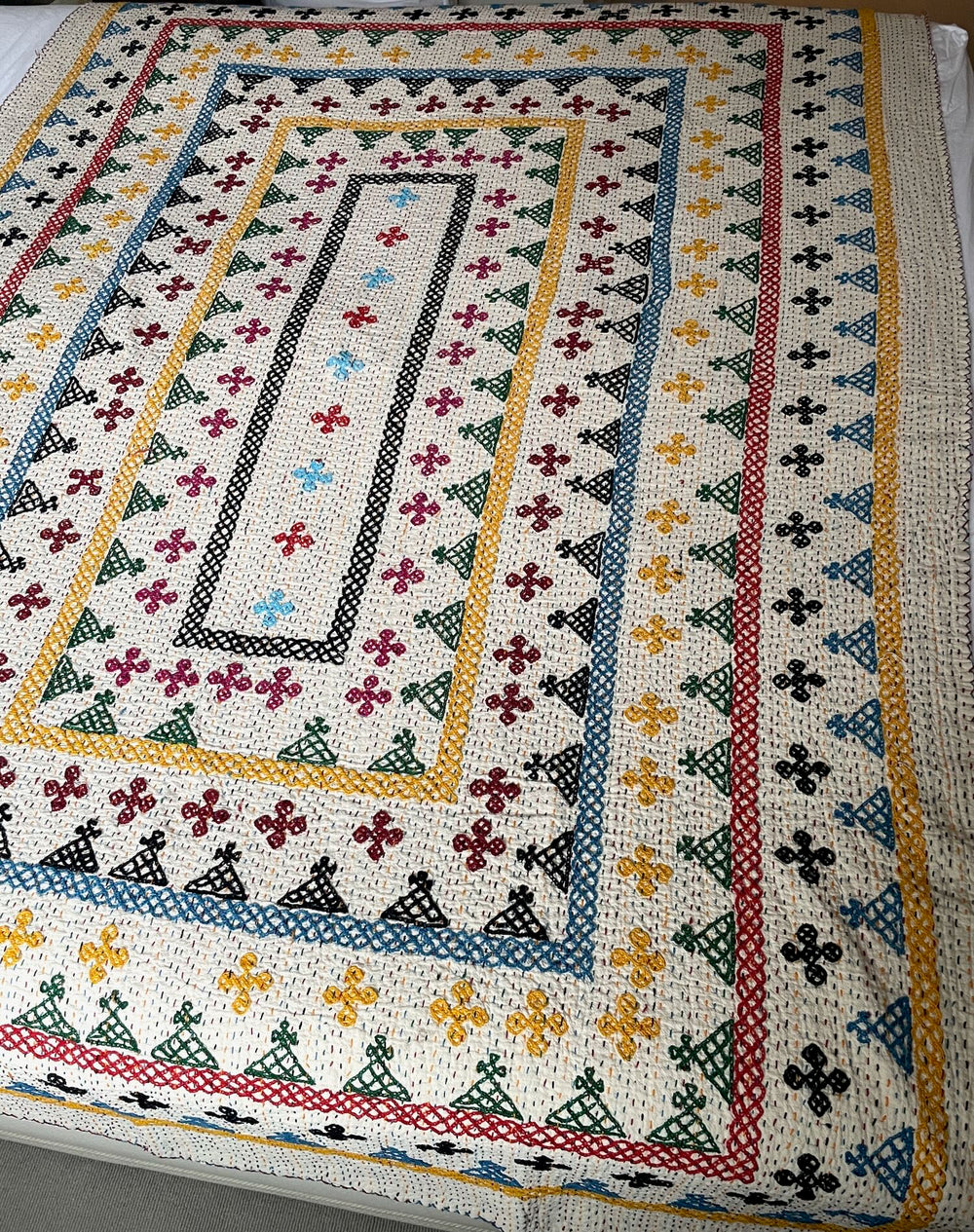 ralli kantha quilt bedspread geometric embroidered comforter red yellow blue washable single throw