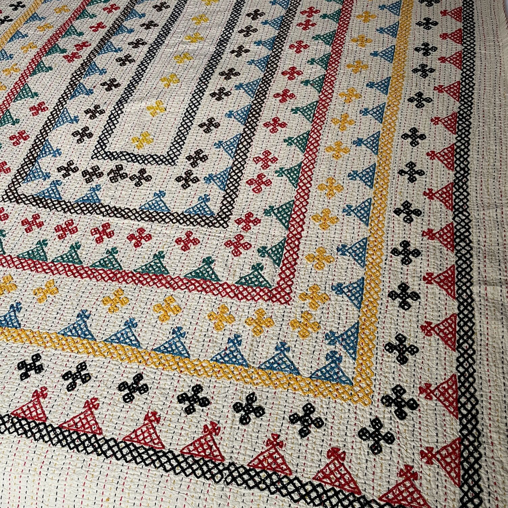kantha ralli bedspread comforter double single cotton embroidered red yellow blue washable handmade