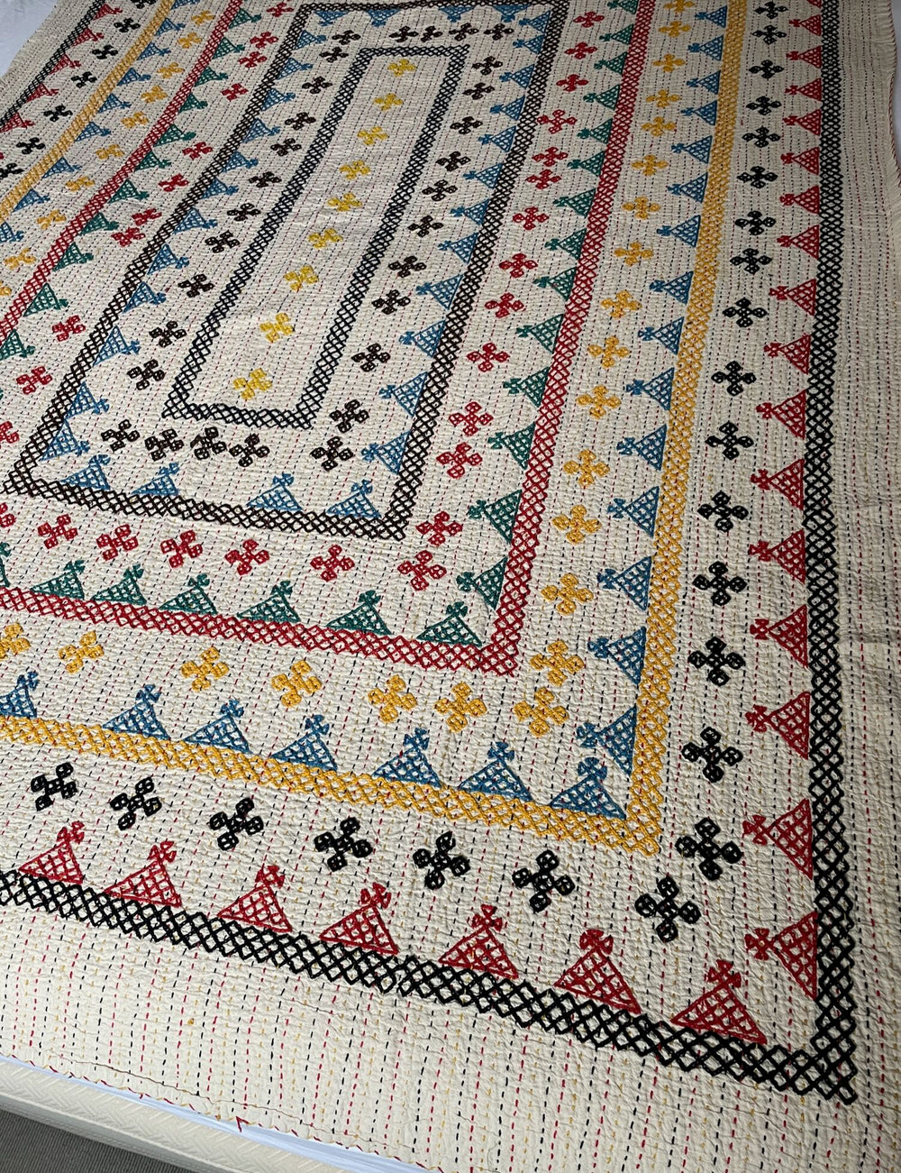 kantha ralli bedspread comforter double single cotton embroidered red yellow blue washable handmade