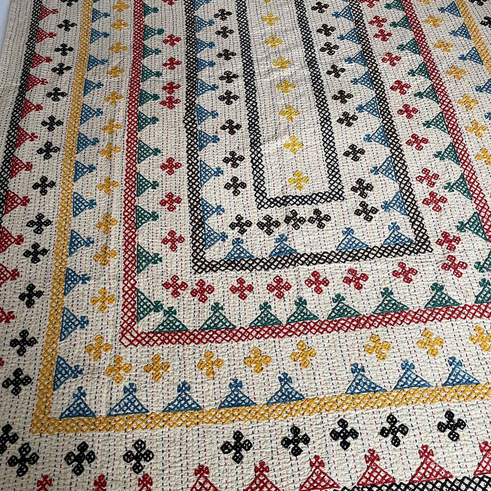 kantha ralli bedspread comforter double single cotton embroidered red yellow blue washable handmade