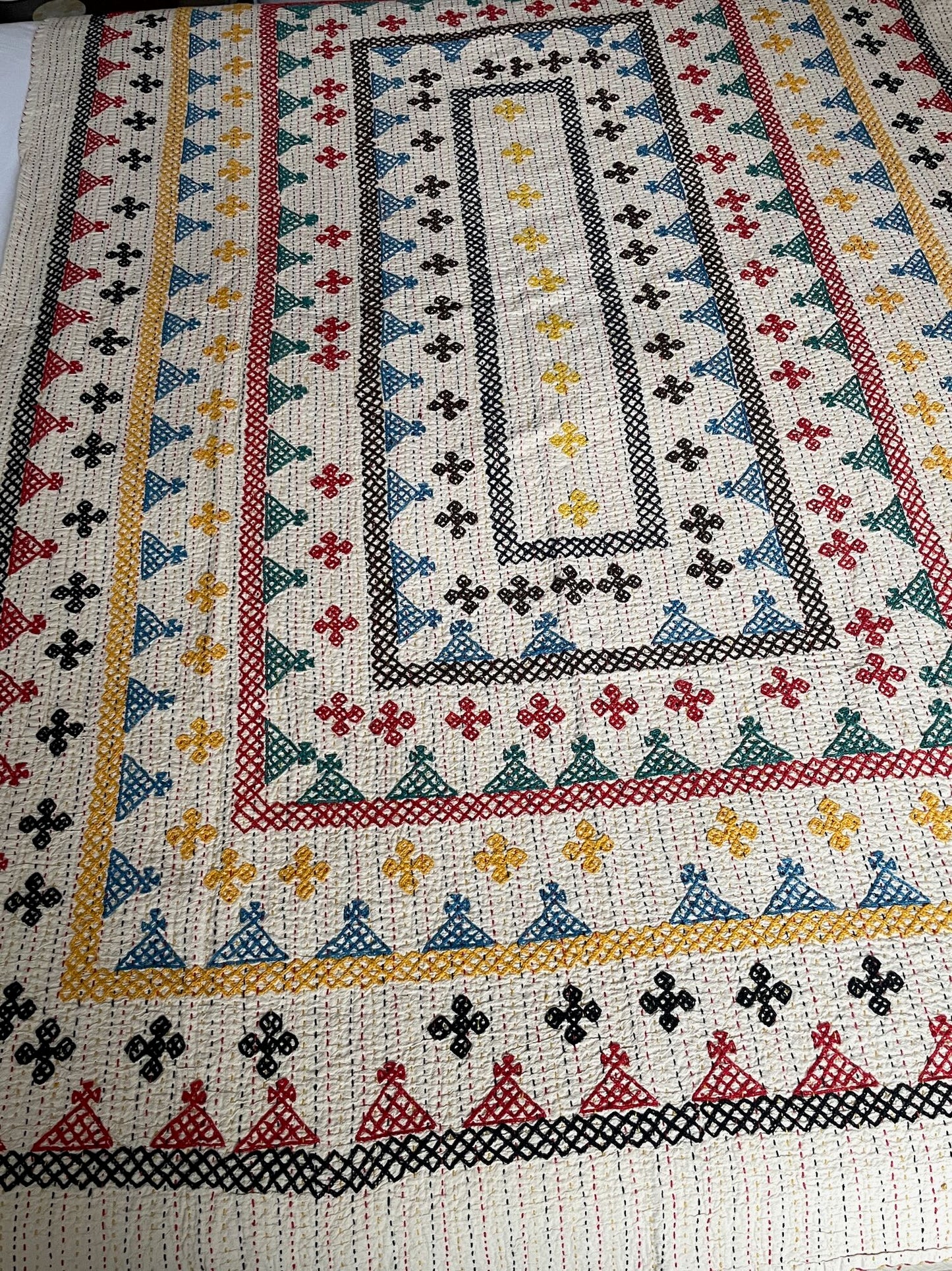 kantha ralli bedspread comforter double single cotton embroidered red yellow blue washable handmade