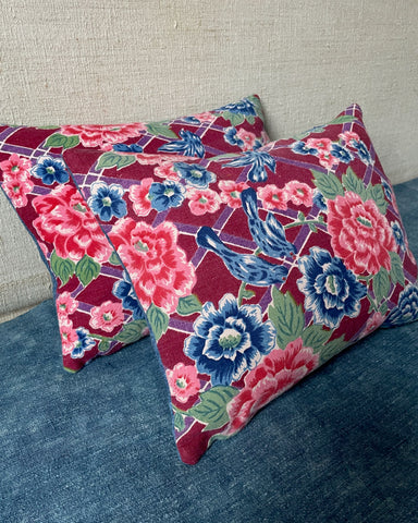 chinese blue bird pink roses medium feather cushions couch pillows cotton linen handmade 