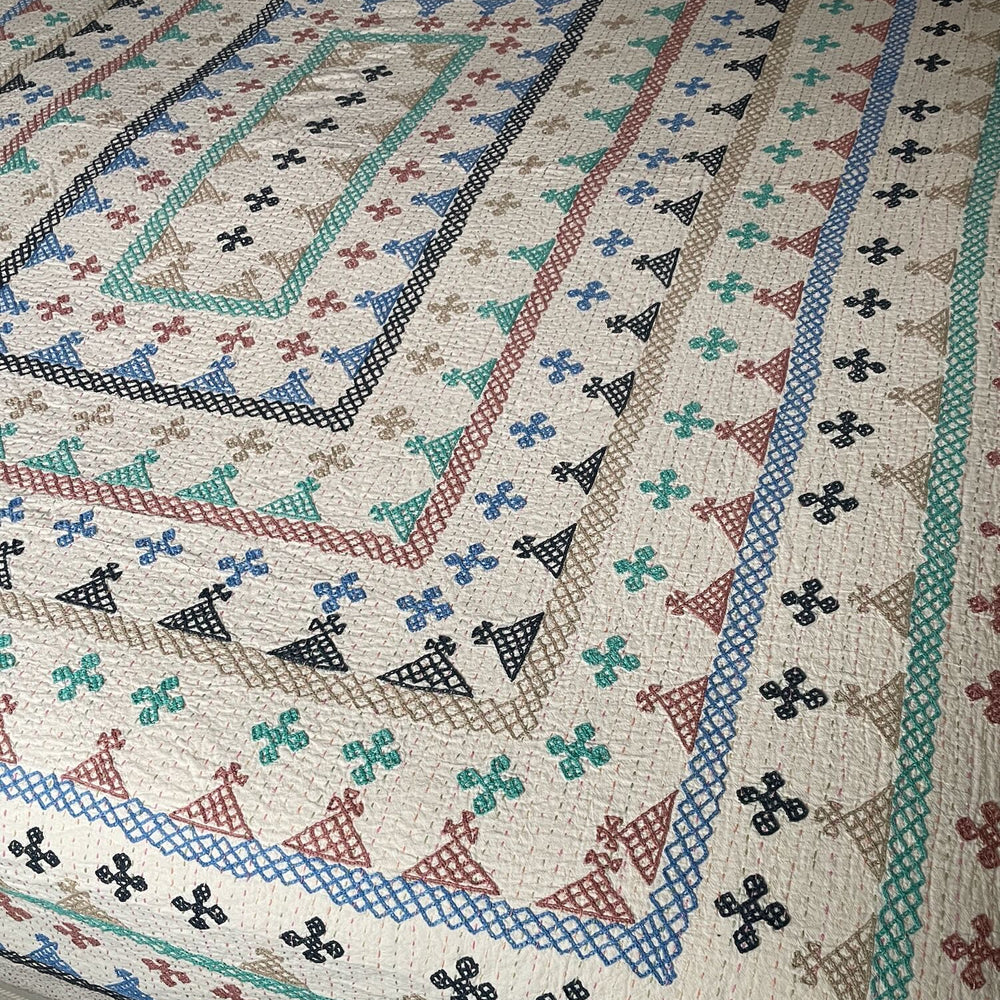 ralli bedspread kantha quilt comforter cotton embroidered blue green washable double superking 