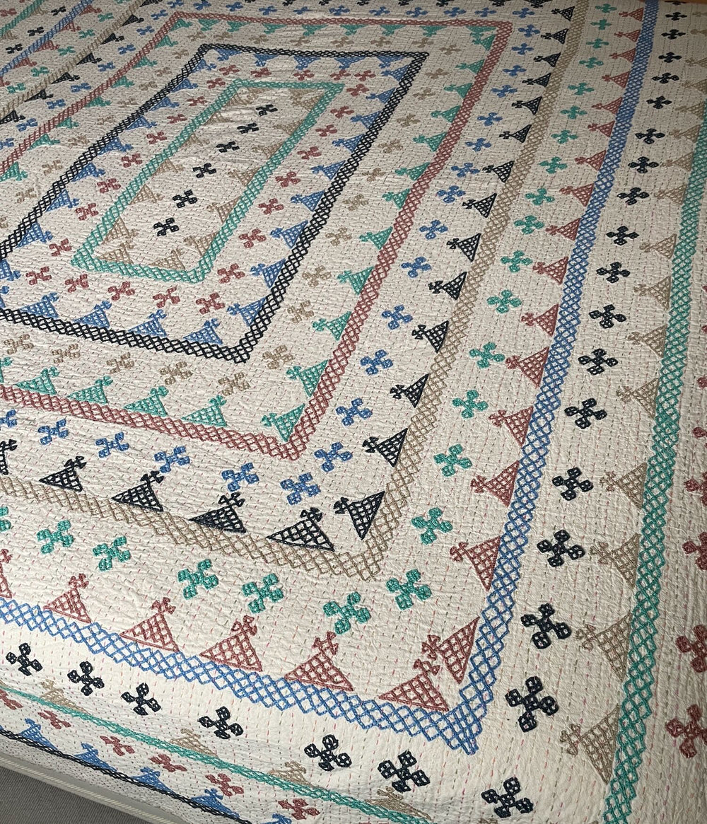 ralli bedspread kantha quilt comforter cotton embroidered blue green washable double superking 