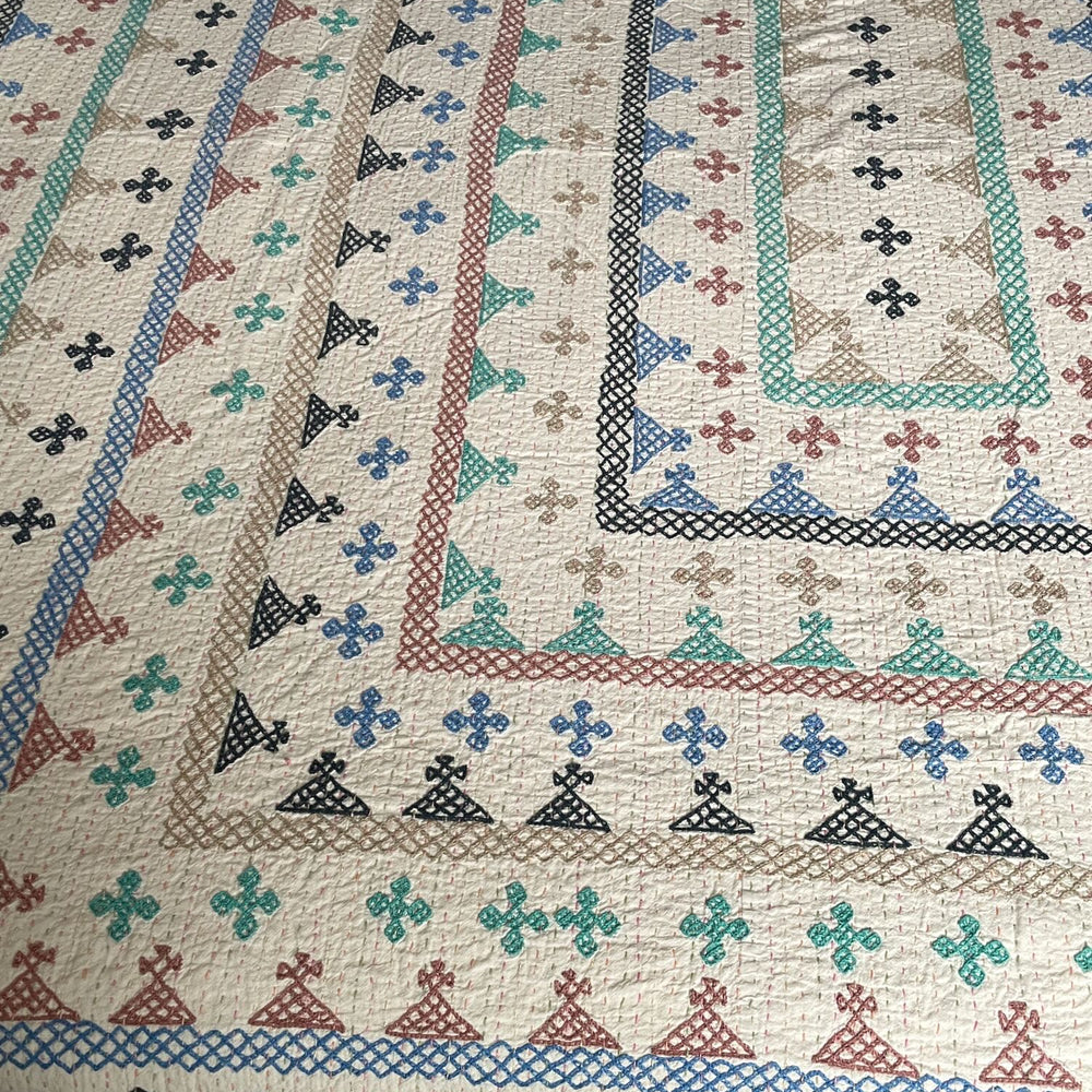 ralli bedspread kantha quilt comforter cotton embroidered blue green washable double superking 